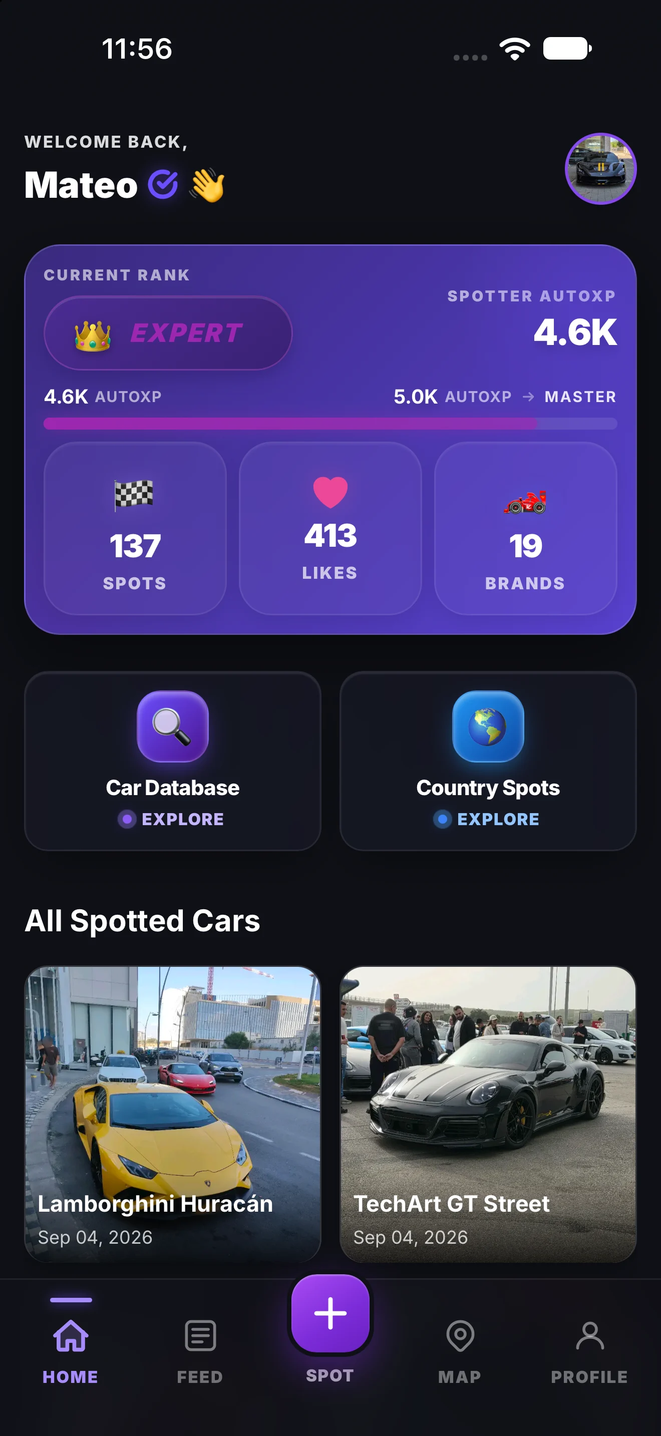 AutoSpotterX dashboard showing spotter rank, progress, and spotted cars